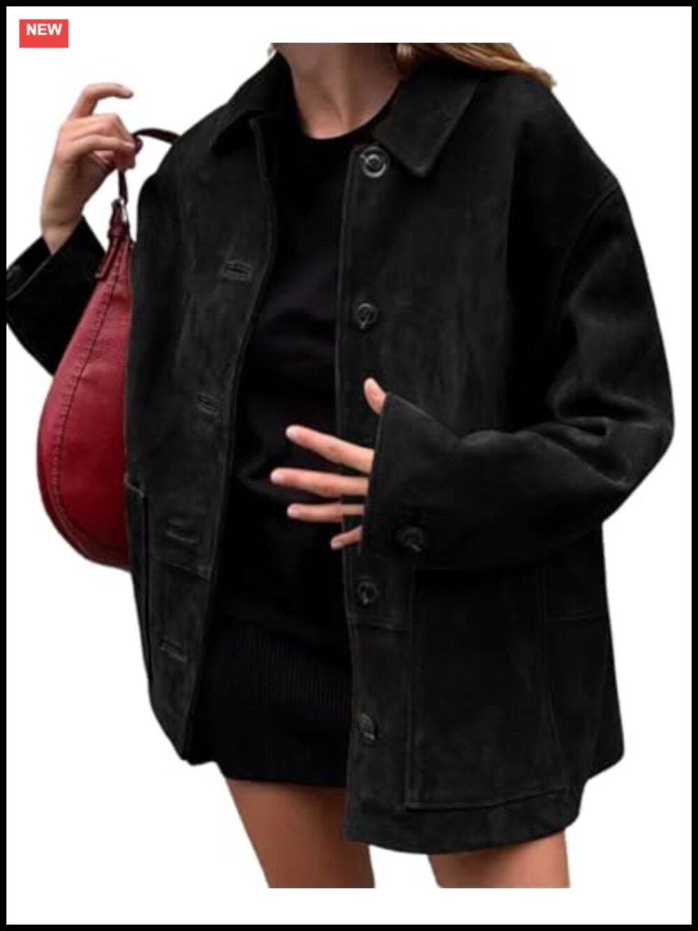Faux Suede Leather Midi Shacket Coat Button Down Oversized